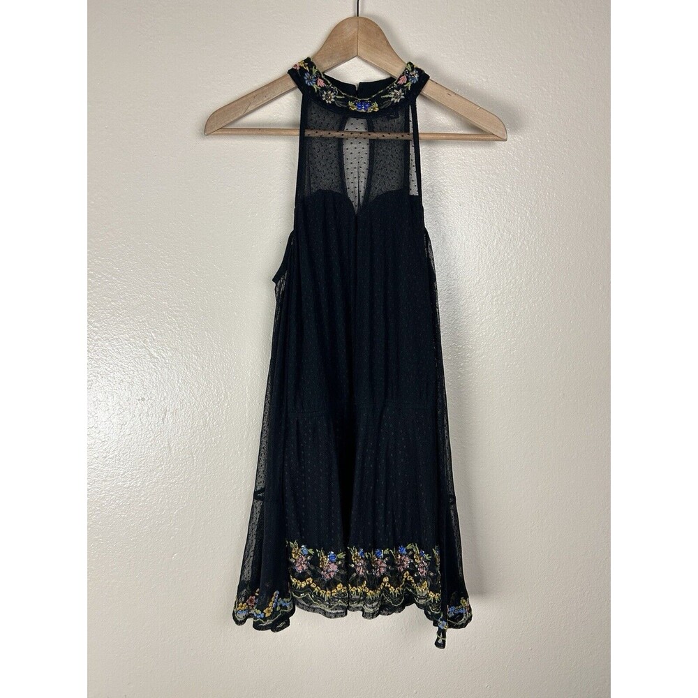 Boston Proper S Beaded Top Blouse Black Floral Mesh Cold Shoulder Garden Party